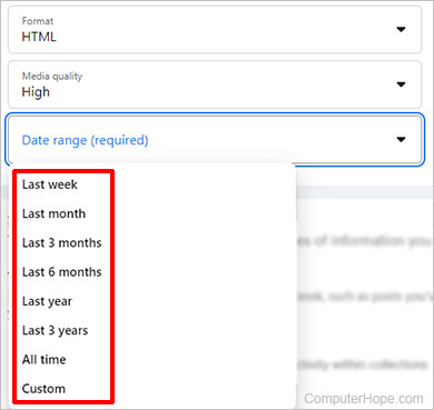 Selecting a personal information history date range on Facebook.