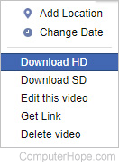 Selector that allows users to download a Facebook video in HD.