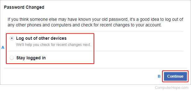 Facebook password changed window