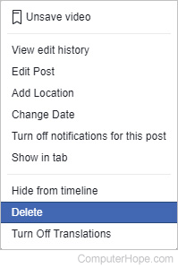 Delete selector for a post on Facebook.