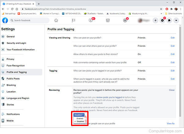 Facebook settings reviewing enabled disabled