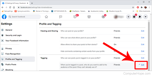 Facebook settings tagging audience