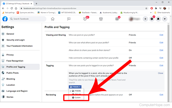 Facebook settings tagging custom