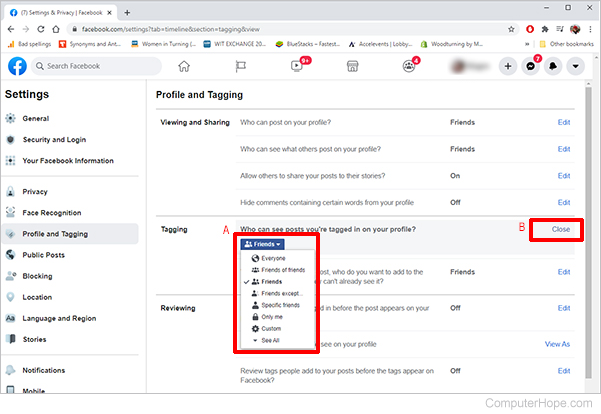 Facebook settings tagging options