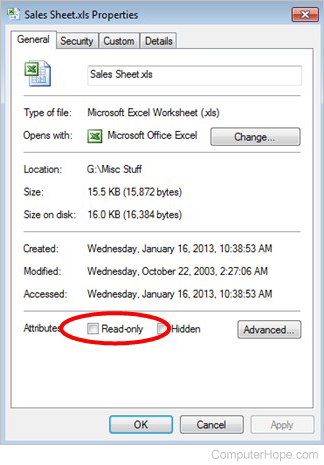 File properties menu in Windows