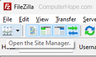 FileZilla FTP server down arrow selection in toolbar.