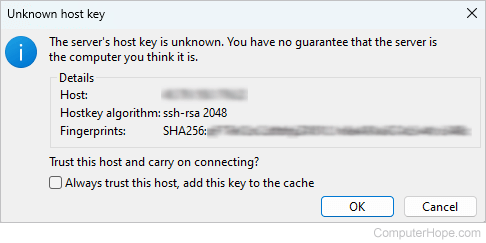 Unknown host key in FileZilla FTP client.