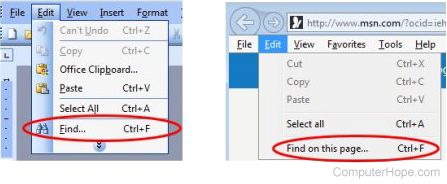 Find option in Microsoft Word 2003 and Internet Explorer
