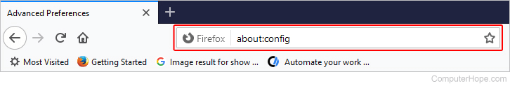 The about:config menu in Firefox.