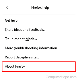 Menu option to show information about Firefox.