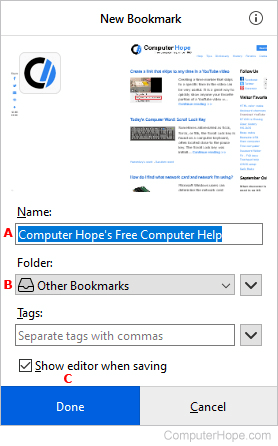 Edit bookmark window that allows users to create bookmarks in Firefox.