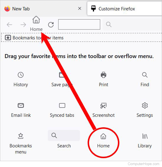 Drag-and-drop the Home button to the Firefox toolbar in Customize Firefox window.
