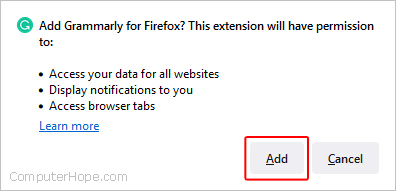 Confirm installation of an add-on in Firefox.