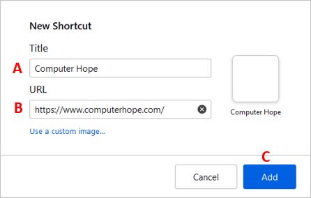 Enter website name and URL in Firefox's New Shortcut window.