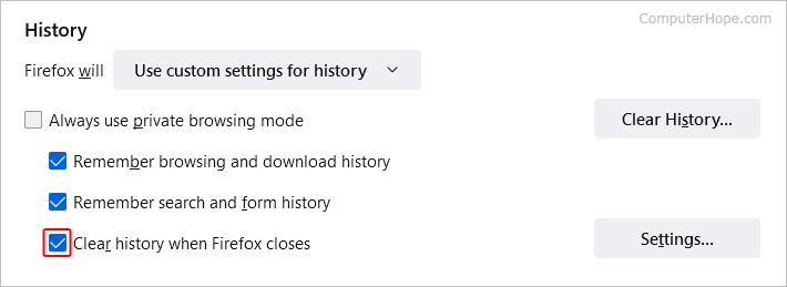Clear history on exit checkbox in Firefox.