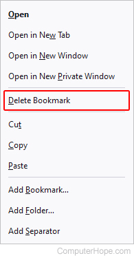 Menu to delete a bookmark in Firefox.