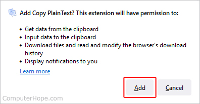 Confirming the addition of an extension in Firefox.
