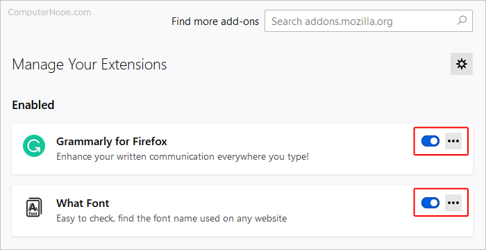List of extensions in Firefox.