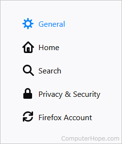 Selettore delle impostazioni generali in Firefox.