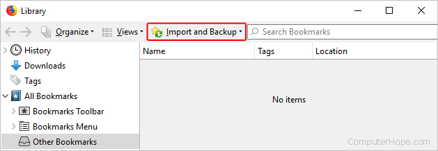 Selettore per importazione e backup in Firefox.