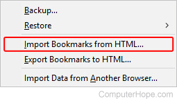 Selector to export bookmarks in Firefox.