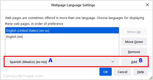 Menu che ti permette di cambiare la lingua in Firefox.