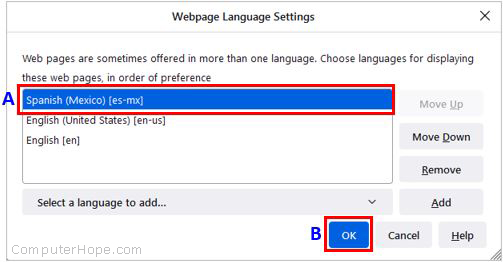 Menu che consente all'utente di cambiare la lingua in Firefox.