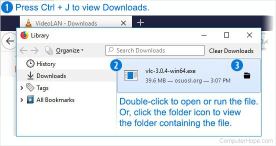 Janela de downloads do Firefox (Biblioteca) no Windows 10.