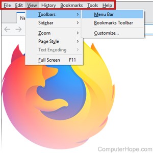 Bilah menu file ditampilkan di Firefox.