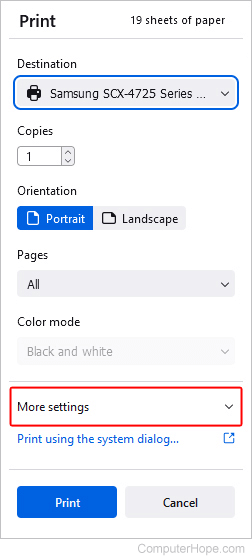 More settings for printing in Firefox.