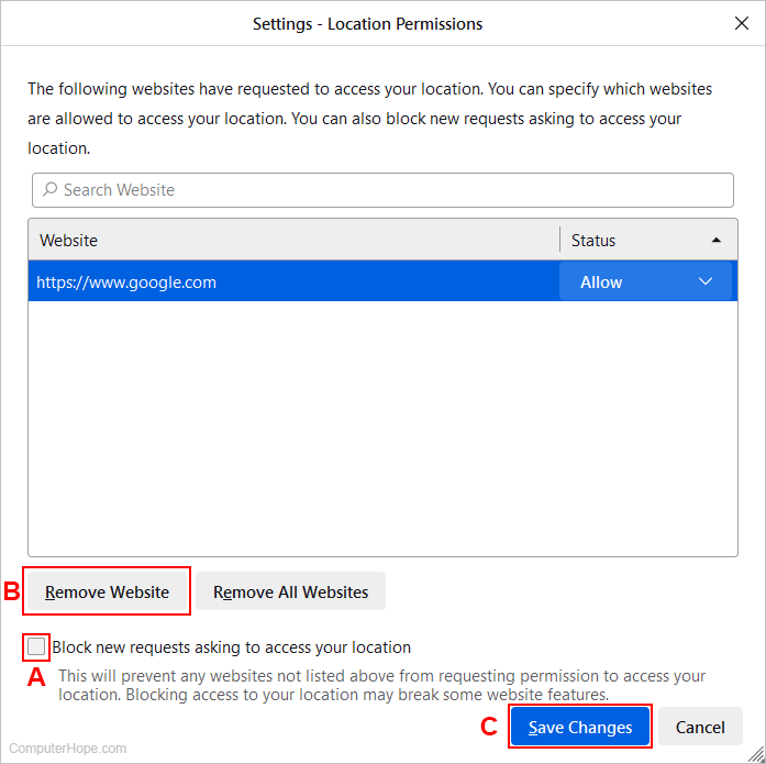 Setting Location Permissions in Firefox.