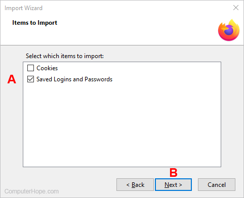 Selecting saved logins for import.