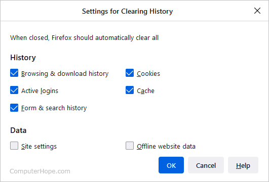 Settings for clearing history in Firefox.