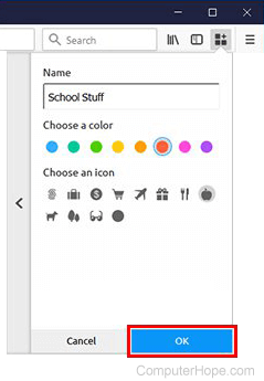 Choose a name, color, and icon for your new container, then click OK.