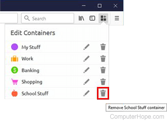 To delete a container, click the Multi-Accounts Container icon, then Edit Containers. Click the trash can icon next to the container name.