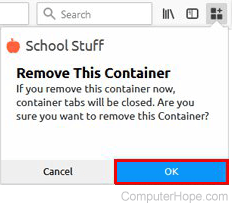 Confirm deletion of the container by clicking OK.