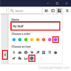 Choose a name, color, and icon for your container, then press the back button on the left side of the window.