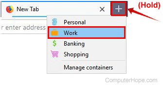 Long press the new tab icon and select Work to open a new Work container tab.