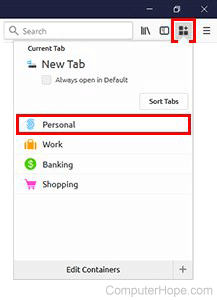 Four default containers. Click Personal to open a new Personal container tab.