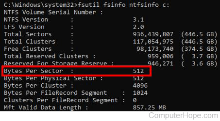 Hard drive sector size in fsutil command output.