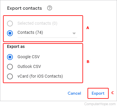 Steps to export gmail contacts