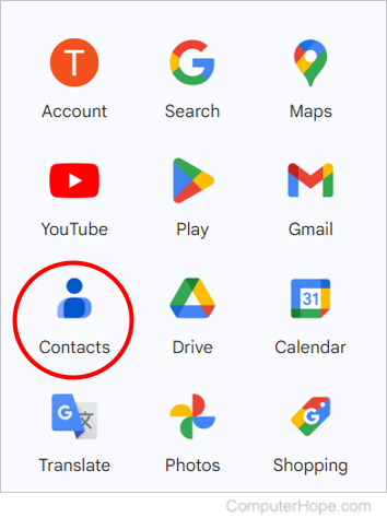 Gmail contacts option in Google apps list.