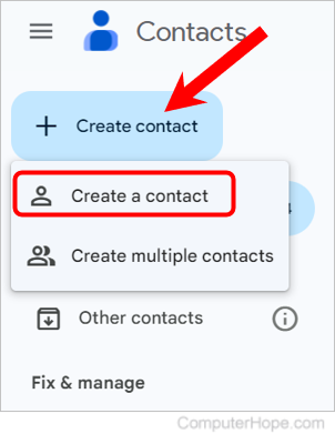 Create contacts button in Gmail.