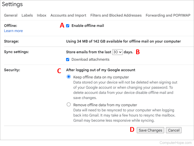 Gmail offline settings.