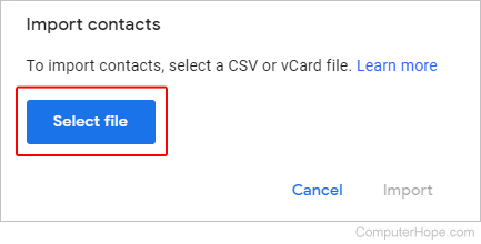 Select file import button in Gmail