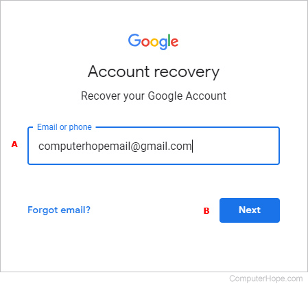 Account recovery login for Google.