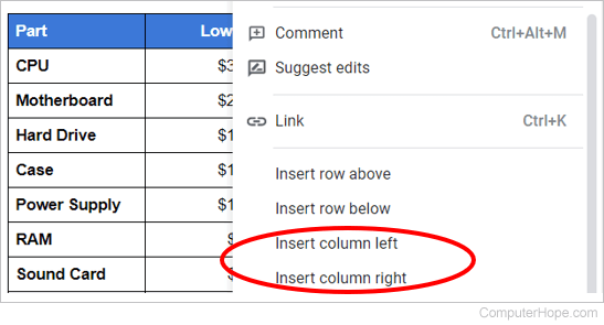 Insert column in a Google Docs table