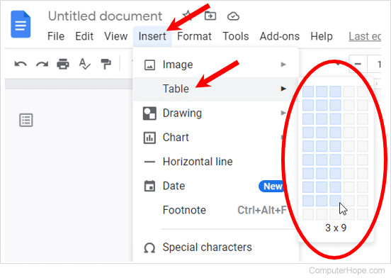 Insert table in Google Docs