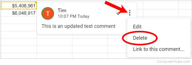 Delete comment in Google Sheets