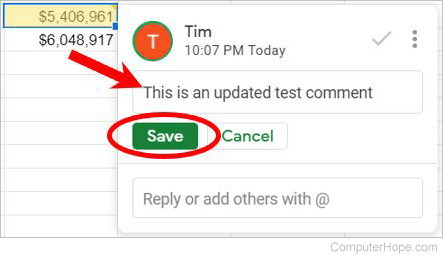 Save a modified comment in Google Sheets